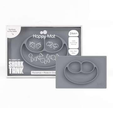 ezpz Happy Mat - 24 Months+ (Gray) - 100% Silicone Suction Plate with Built-in Placemat for Toddlers...