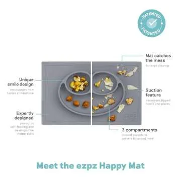 ezpz Happy Mat - 24 Months+ (Gray) - 100% Silicone Suction Plate with Built-in Placemat for Toddlers + Preschoolers - Divided Toddler Plates - Toddler Essentials