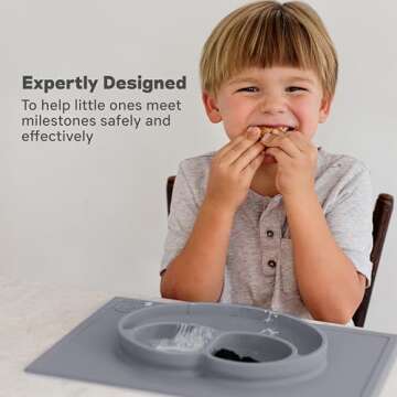 ezpz Happy Mat - 24 Months+ (Gray) - 100% Silicone Suction Plate with Built-in Placemat for Toddlers + Preschoolers - Divided Toddler Plates - Toddler Essentials