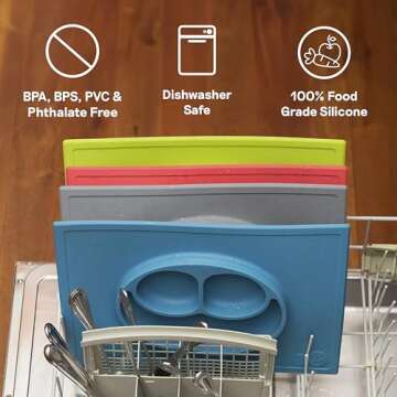 ezpz Happy Mat - 24 Months+ (Gray) - 100% Silicone Suction Plate with Built-in Placemat for Toddlers + Preschoolers - Divided Toddler Plates - Toddler Essentials