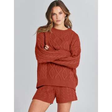 ANRABESS Women 2 Piece Outfits Sweater Lounge Loungewear Sets Fall Cable Knit Oversized Sweaters Short Pants Matching Sets Rust Medium