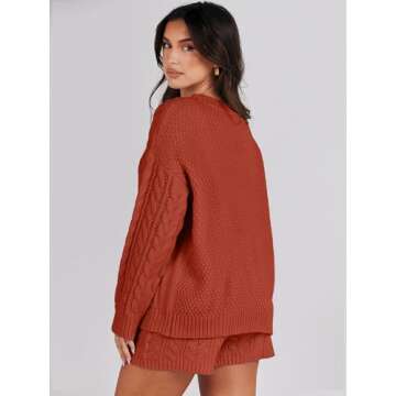 ANRABESS Women 2 Piece Outfits Sweater Lounge Loungewear Sets Fall Cable Knit Oversized Sweaters Short Pants Matching Sets Rust Medium