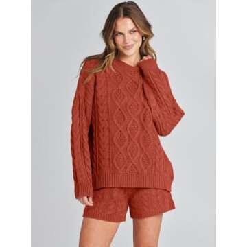 ANRABESS Women 2 Piece Outfits Sweater Lounge Loungewear Sets Fall Cable Knit Oversized Sweaters Short Pants Matching Sets Rust Medium