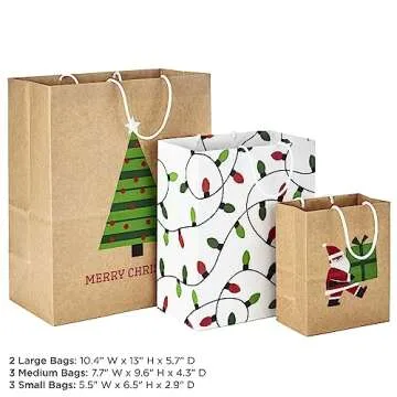 Hallmark Christmas Gift Bags for Kids (8 Bags: 3 Small 6", 3 Medium 9", 2 Large 13") Recyclable Kraft with Santa, Lights and Tree