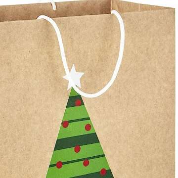 Hallmark Christmas Gift Bags for Kids (8 Bags: 3 Small 6", 3 Medium 9", 2 Large 13") Recyclable Kraft with Santa, Lights and Tree