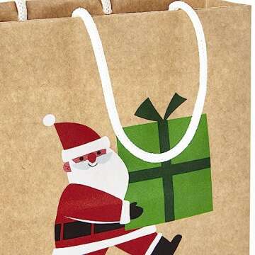 Hallmark Christmas Gift Bags for Kids (8 Bags: 3 Small 6", 3 Medium 9", 2 Large 13") Recyclable Kraft with Santa, Lights and Tree