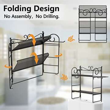 EKNITEY Flolding Over Toilet Storage - No Assembly Bathroom Organizer Shelf above Toilet Storage Rack with Hooks and Paper Holder 2 Tier Black