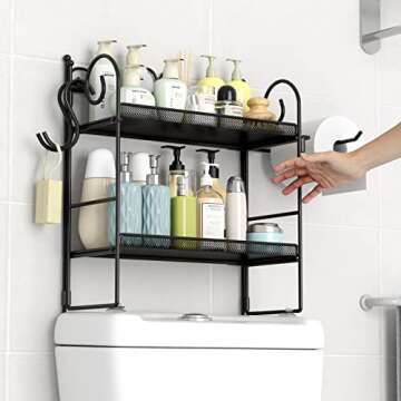EKNITEY Flolding Over Toilet Storage - No Assembly Bathroom Organizer Shelf above Toilet Storage Rack with Hooks and Paper Holder 2 Tier Black