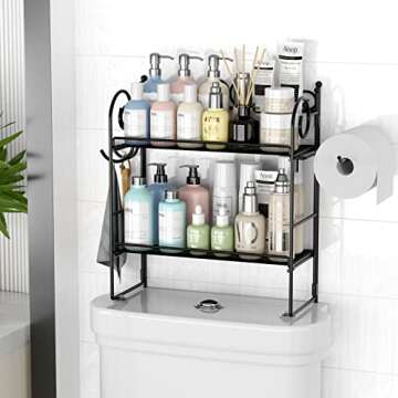 EKNITEY Flolding Over Toilet Storage - No Assembly Bathroom Organizer Shelf above Toilet Storage Rack with Hooks and Paper Holder 2 Tier Black