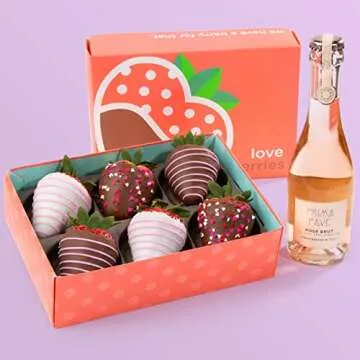 A Gift Inside 6 Chocolatey Covered Love Berries Strawberries with Sparkling Alcohol-Free Rose Brut