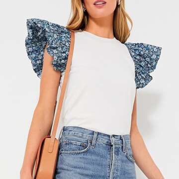 Womens 2024 Summer Blue Floral Contrast Flutter Sleeve T-Shirt Crew Neckline Casual Summer Tops