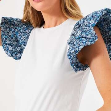 Womens 2024 Summer Blue Floral Contrast Flutter Sleeve T-Shirt Crew Neckline Casual Summer Tops