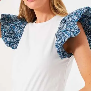 Womens 2024 Summer Blue Floral Contrast Flutter Sleeve T-Shirt Crew Neckline Casual Summer Tops