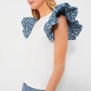 Womens 2024 Summer Blue Floral Contrast Flutter Sleeve T-Shirt Crew Neckline Casual Summer Tops