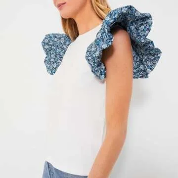 Womens 2024 Summer Blue Floral Contrast Flutter Sleeve T-Shirt Crew Neckline Casual Summer Tops