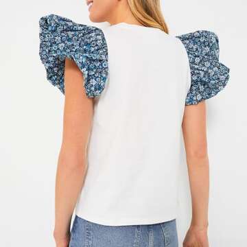 Womens 2024 Summer Blue Floral Contrast Flutter Sleeve T-Shirt Crew Neckline Casual Summer Tops