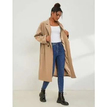UANEO Women's Wool Blend Coat Oversized Double Breasted Long Trench Overcoat Winter(LightKhaki-S)