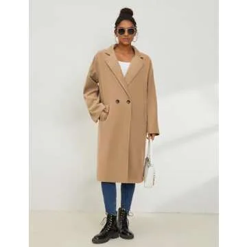 UANEO Women's Wool Blend Coat Oversized Double Breasted Long Trench Overcoat Winter(LightKhaki-S)