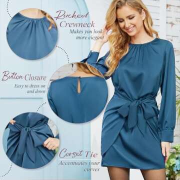 G&Y Women's Satin Tie Waist Mini Dresses - Long Sleeve Solid Party Short Dresses(Dark Blue,M)