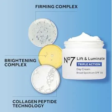 No7 Lift & Luminate Triple Action Fragrance Free Day Cream SPF 30 - Broad Spectrum Anti-Aging Face Cream - Hydrating Hibiscus Peptides & Hyaluronic Acid + Brightening Emblica & Vitamin C (1.69 Fl Oz)