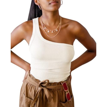 Womens One Shoulder Casual Summer Ribbed Tank Top - Stylish & Comfortable