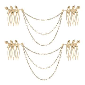 yueton 2pcs Fashion Ladies Athena Olive Branch Tassel Leaf Clips Barrettes Bobby Pin Hair Clips Bride Headwear Edge Clip Clamps Cuff Boho Headbands