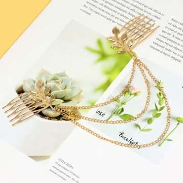 yueton 2pcs Fashion Ladies Athena Olive Branch Tassel Leaf Clips Barrettes Bobby Pin Hair Clips Bride Headwear Edge Clip Clamps Cuff Boho Headbands