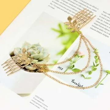 yueton 2pcs Fashion Ladies Athena Olive Branch Tassel Leaf Clips Barrettes Bobby Pin Hair Clips Bride Headwear Edge Clip Clamps Cuff Boho Headbands