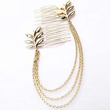yueton 2pcs Fashion Ladies Athena Olive Branch Tassel Leaf Clips Barrettes Bobby Pin Hair Clips Bride Headwear Edge Clip Clamps Cuff Boho Headbands