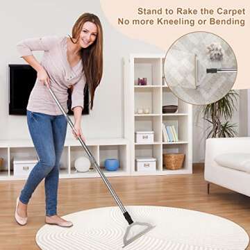 47“ Adjustable Long Handle Carpet Rake Pet Hair Remover, Reusable Large Metal Lint Remover Brush f...