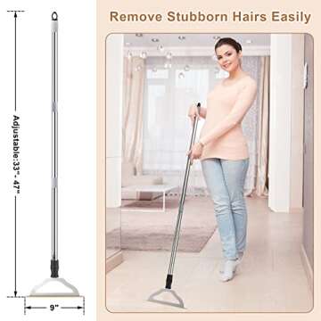 47“ Adjustable Long Handle Carpet Rake Pet Hair Remover, Reusable Large Metal Lint Remover Brush for Embedded Fur Removal from Low Pile Rugs Stairs, Carpet Brush Scraper Dog Cat Hair Remover Broom