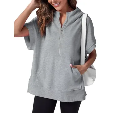 Fisoew Womens Oversized Half Zip Hoodies Short Sleeve Casual Sweatshirts Pullover Tops with Pockets ...