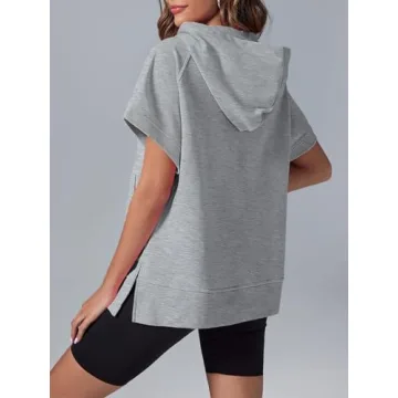 Fisoew Womens Oversized Half Zip Hoodies Short Sleeve Casual Sweatshirts Pullover Tops with Pockets Light Grey