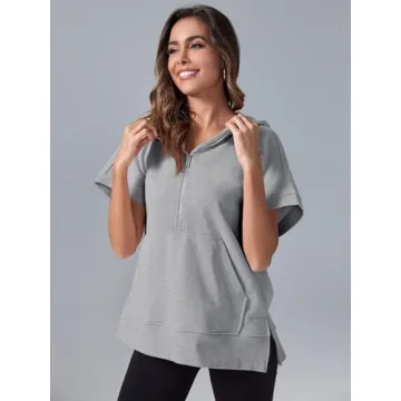 Fisoew Womens Oversized Half Zip Hoodies Short Sleeve Casual Sweatshirts Pullover Tops with Pockets Light Grey