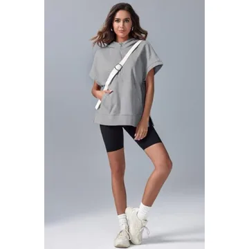 Fisoew Womens Oversized Half Zip Hoodies Short Sleeve Casual Sweatshirts Pullover Tops with Pockets Light Grey