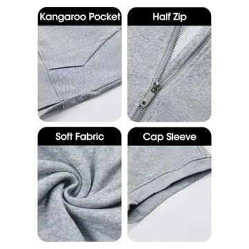Fisoew Womens Oversized Half Zip Hoodies Short Sleeve Casual Sweatshirts Pullover Tops with Pockets Light Grey