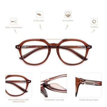 AMOMOMA 2 Pack Retro Aviator Square Reading Glasses for Women Men,Classic Blue Light Computer Womens Readers AM6161 C1+C2 1.5