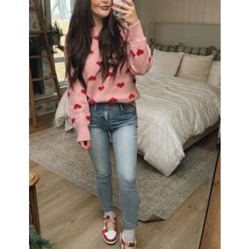 Gihuo Heart Sweater for Women Cute Kawaii Casual Crewneck Long Sleeve Knitted Pullover Sweaters(Pink...