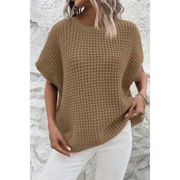 Jumppmile Women's Short Sleeve Waffle Knit Batwing Sleeve Sweater Pullover Sleeveless Oversized Swea...