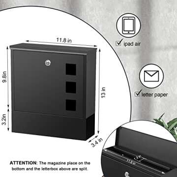 KYODOLED Locking Mailbox Wall Mount, Locked Mail Boxes, Mailbox with Key Lock for Outside, Large Capacity Drop Box for Newspapers, 13 x 3.4 x 11.8 Inch, Black