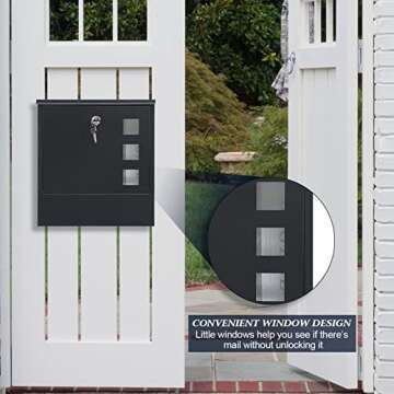 KYODOLED Locking Mailbox Wall Mount, Locked Mail Boxes, Mailbox with Key Lock for Outside, Large Capacity Drop Box for Newspapers, 13 x 3.4 x 11.8 Inch, Black