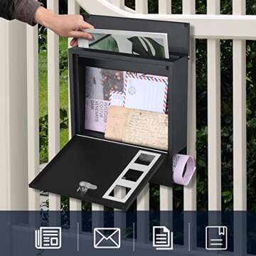 KYODOLED Locking Mailbox Wall Mount, Locked Mail Boxes, Mailbox with Key Lock for Outside, Large Capacity Drop Box for Newspapers, 13 x 3.4 x 11.8 Inch, Black