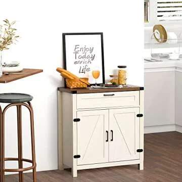 HOMCOM Sideboard with Storage Drawer, Modern Farmhouse Kitchen Cabinet with 2 Barn Doors, Coffee Bar Cabinet, Distressed White