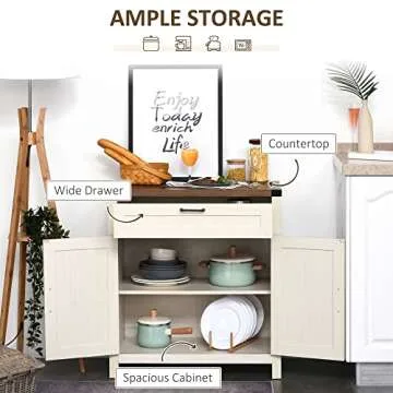 HOMCOM Sideboard with Storage Drawer, Modern Farmhouse Kitchen Cabinet with 2 Barn Doors, Coffee Bar Cabinet, Distressed White