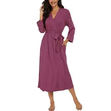 VINTATRE Women Kimono Robes Long Knit Bathrobe Lightweight Soft Knit Sleepwear V-neck Casual Ladies Loungewear Purple Red-Large