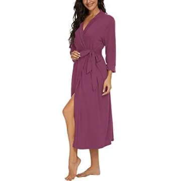 VINTATRE Women Kimono Robes Long Knit Bathrobe Lightweight Soft Knit Sleepwear V-neck Casual Ladies Loungewear Purple Red-Large