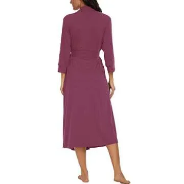 VINTATRE Women Kimono Robes Long Knit Bathrobe Lightweight Soft Knit Sleepwear V-neck Casual Ladies Loungewear Purple Red-Large