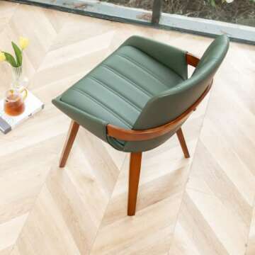 YOUUGIOR Mid Century Modern Faux Leather Upholstered Dining Chairs Set of 2,Armless Accent Chairs with Sturdy Natural Wood Legs,Bamboo Backrest Support for Kitchen&Dining Room Chairs(Green PU)