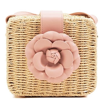Womens Fashion Vegan Leather Rosie Floral Straw Crossbody Handbag for Women (Rose Pink)