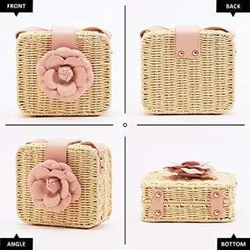 Womens Fashion Vegan Leather Rosie Floral Straw Crossbody Handbag for Women (Rose Pink)
